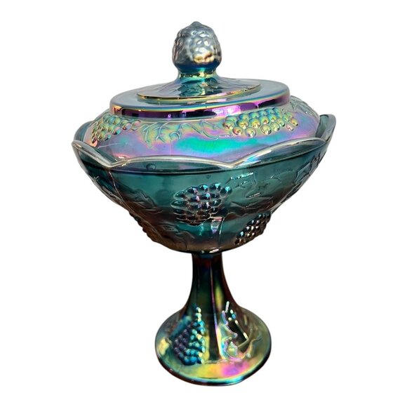 Vtg Indiana Glass Blue Iridescent Carnival Glass Pedestal Compote Candy Dish - Picture 5 of 11